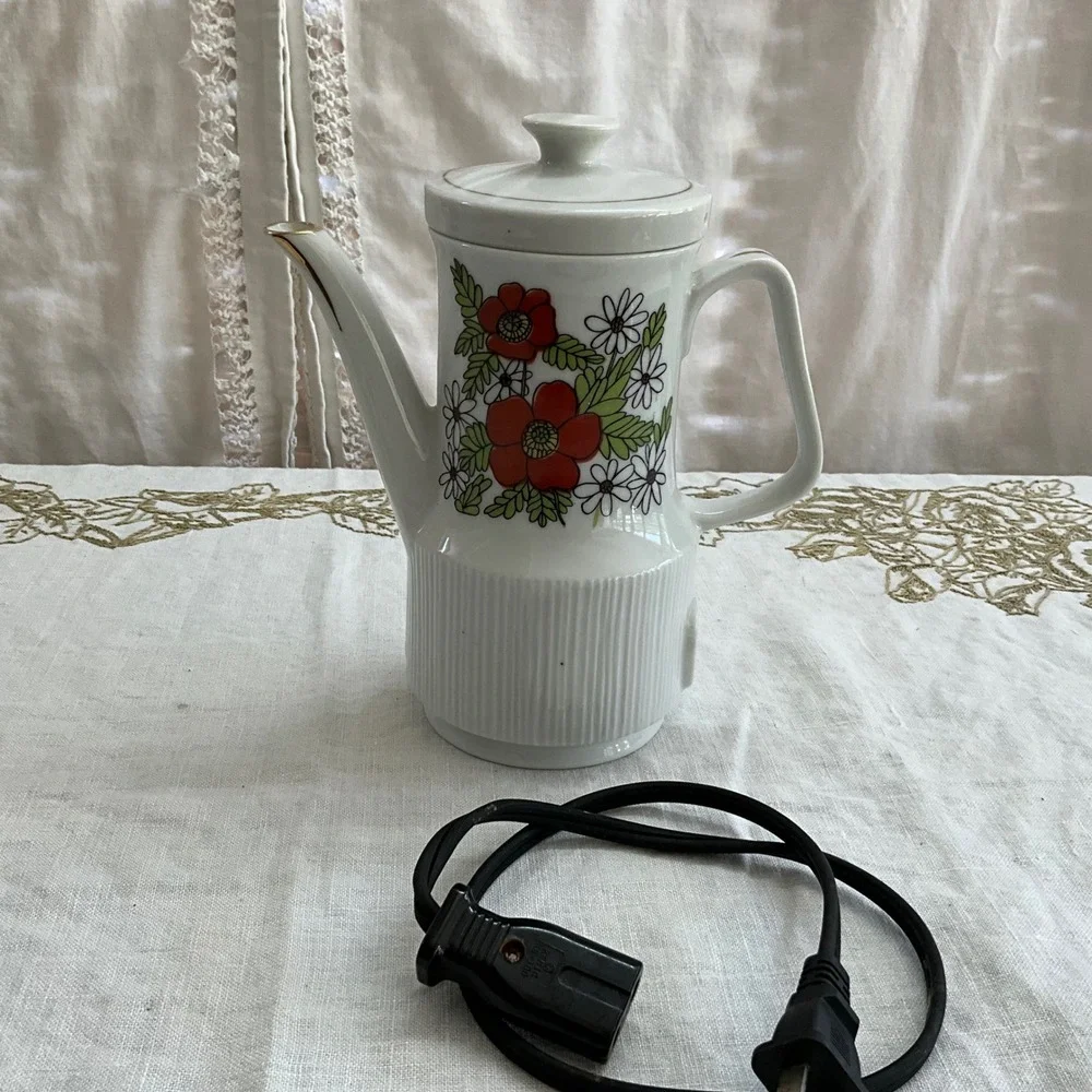 Vintage Maruka‎ Minamiyama Electric Ceramic Teapot Floral Poppy Daisy Kettle MCM